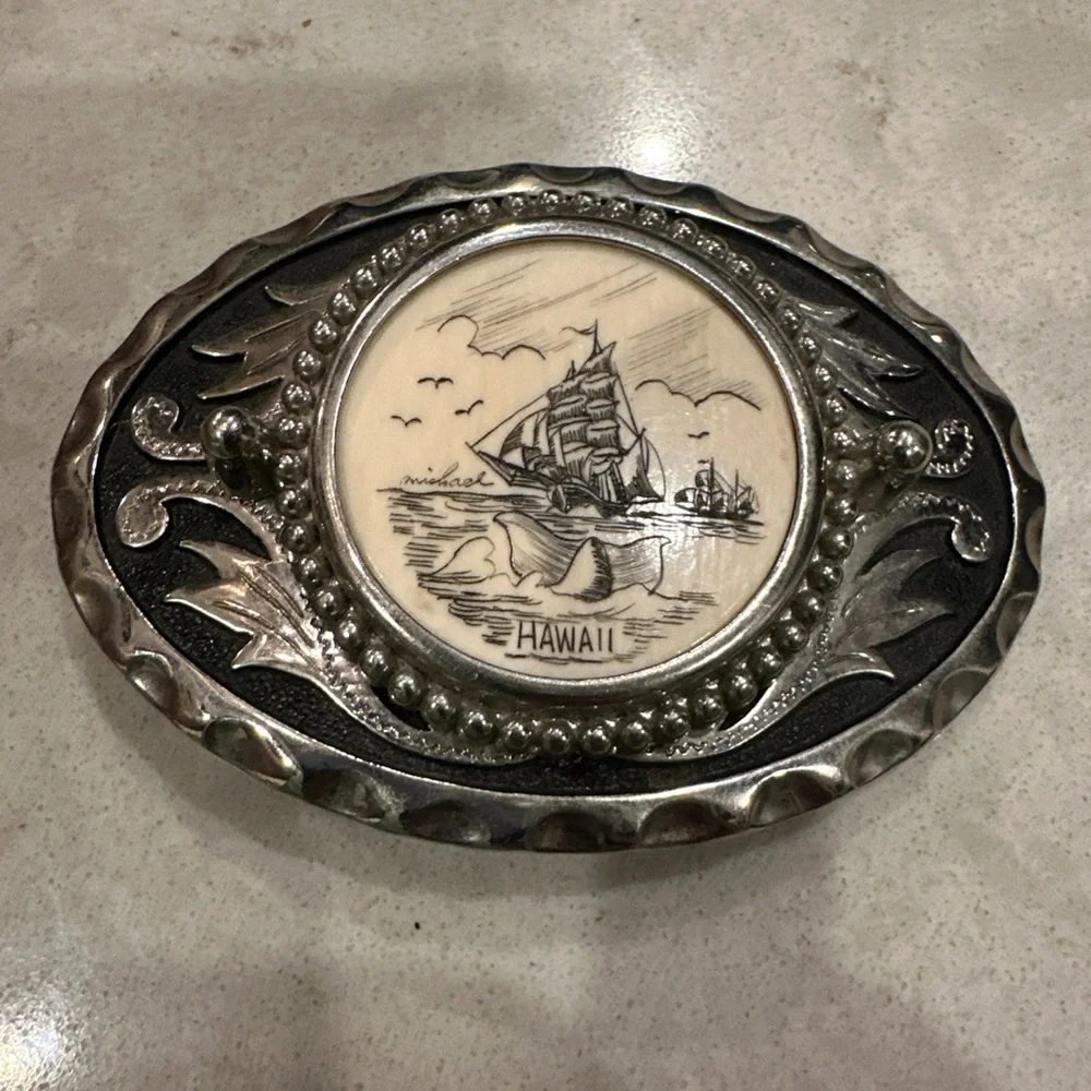 Vintage Hawaii Silver Belt Buckle Ship Whale Tail Michael Signature Ivory Hammer